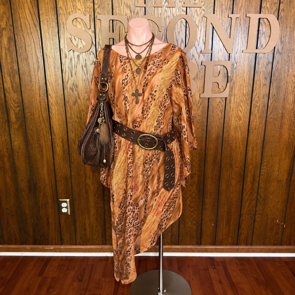 Y2K Boho Brown Animal Print Kaftan Dress A Wild Thyme Womens 20 Asymmetrical Hem